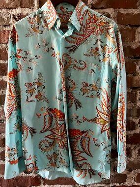 Alan Flusser Aqua Paisley Floral Long Sleeve Button Down Shirt